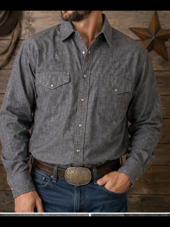 Panhandle Slim Other - Vintage 90s Panhandle Slim Western Shirt Men's M Gray Chambray Pearl Snap Made